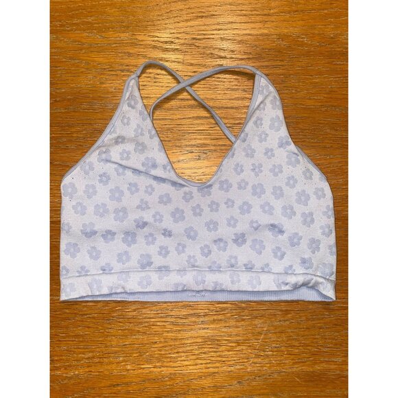 Floral Pattern Sports Bra With Criss-Cross Back Strap In Light Purple - Picture 1 of 4